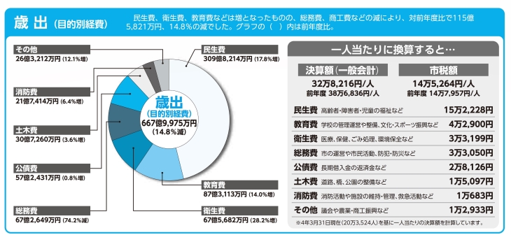 一人当たりの市税と支出額及び歳出の内訳の画像