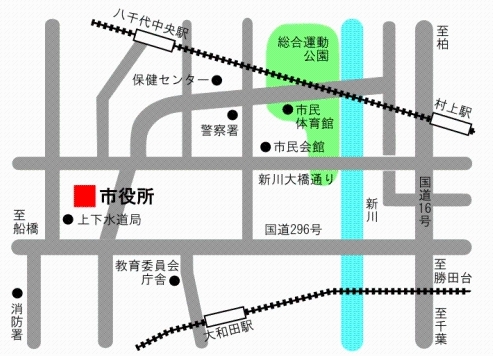 市役所周辺地図：各最寄駅、バス停留所からのアクセス情報は、次の「交通」欄でご案内します。