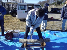 シイタケ菌の駒打ち作業の様子の画像