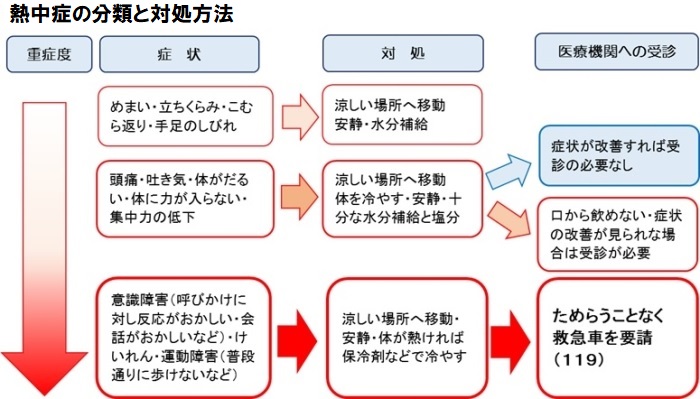 熱中症の分類と対処方法フロー　重症度、症状、対処、医療機関への受診に区分