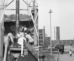井戸の掘削工事の写真と米本浄水場の高架水槽の写真